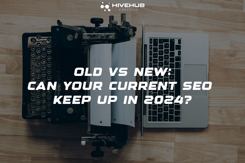 A visual juxtaposition of an old typewriter and a modern laptop, symbolizing the evolution of technology. The background transitions from a classic texture to a sleek modern design, emphasizing the adaptability of current SEO strategies.