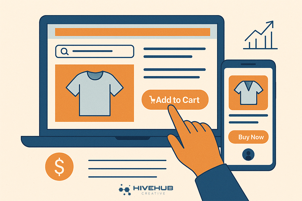 Illustration of a hand interacting with an e-commerce website on a laptop and smartphone, showcasing product images and purchase buttons in a modern, minimal design style.