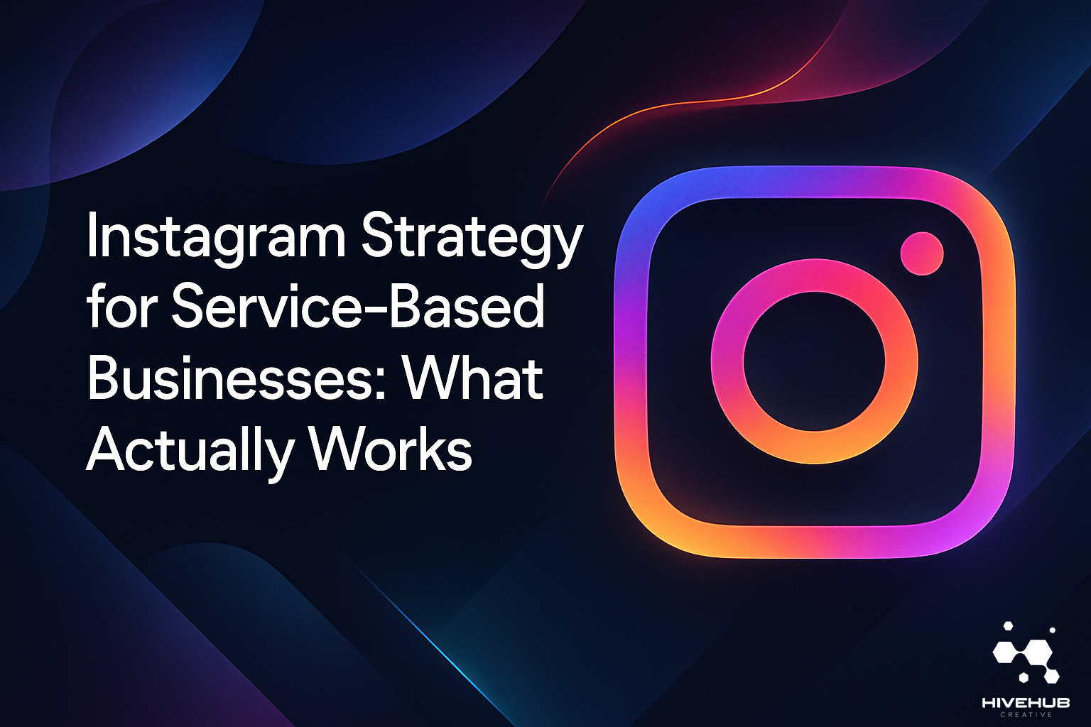 Abstract, modern illustration for an Instagram strategy blog post, featuring dark sleek gradients, geometric shapes, and vibrant accents in a clean, tech-inspired composition.