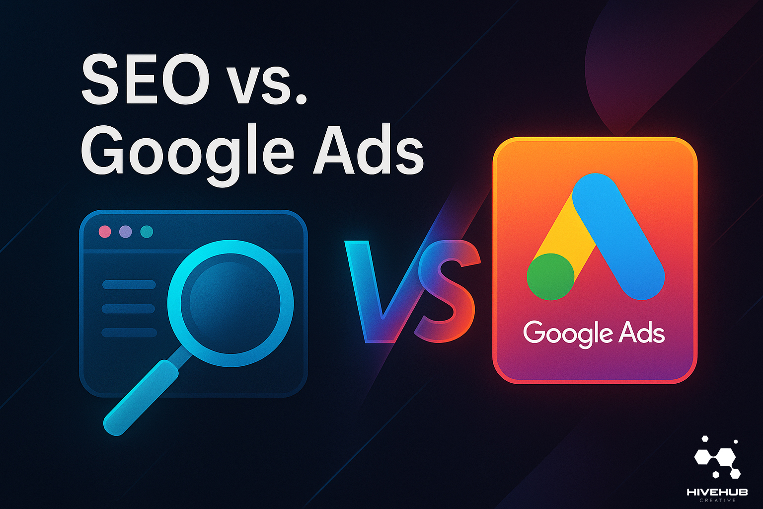 A sleek digital illustration comparing SEO and Google Ads. The left side shows a blue magnifying glass icon inside a browser window symbolizing SEO, while the right side features a colorful Google Ads logo on a gradient card. A glowing “VS” sits between them on a dark, futuristic background with abstract geometric shapes.