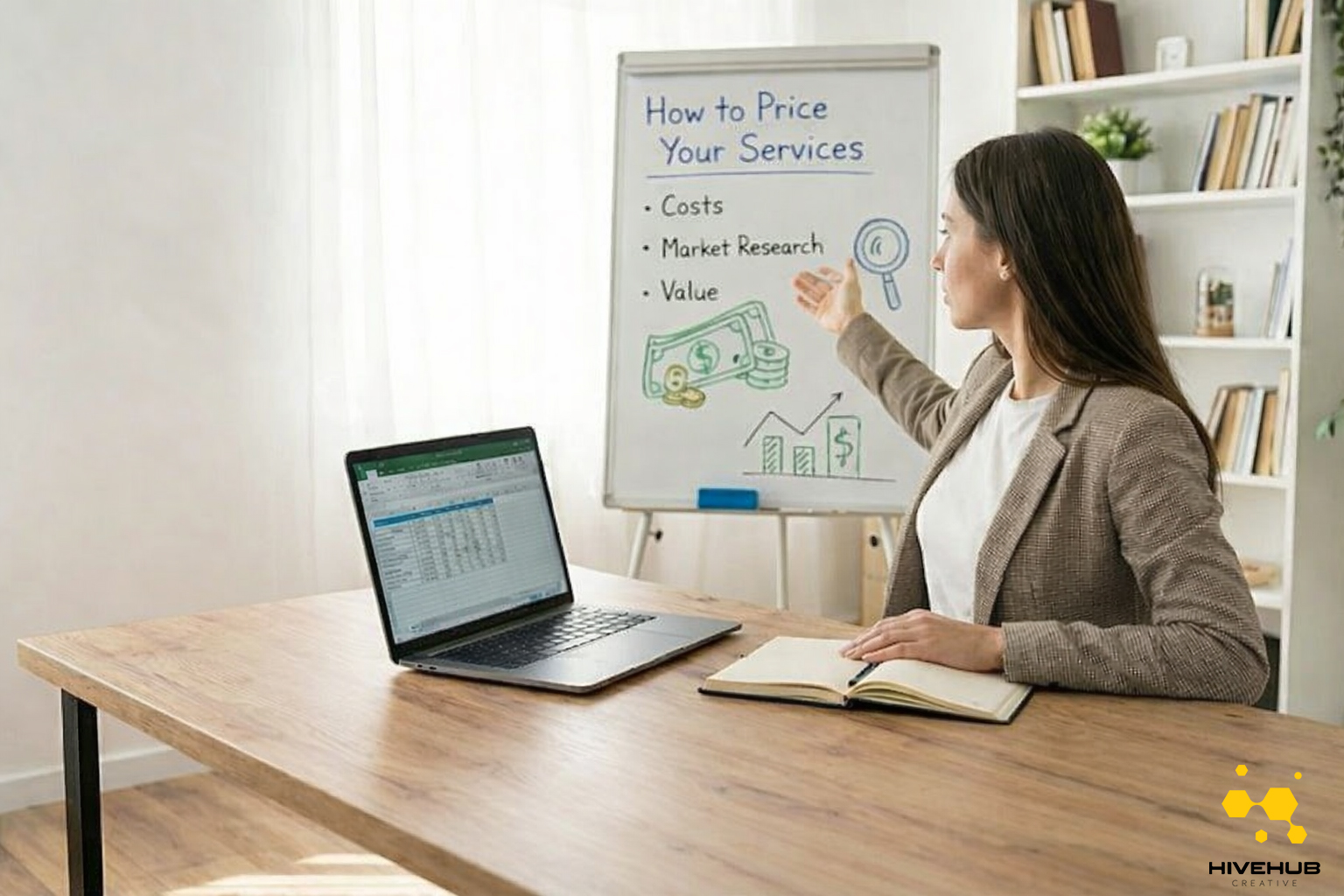 Professional woman explaining “How to Price Your Services” on a whiteboard in a bright home office, with a laptop and notebook on a wooden desk.