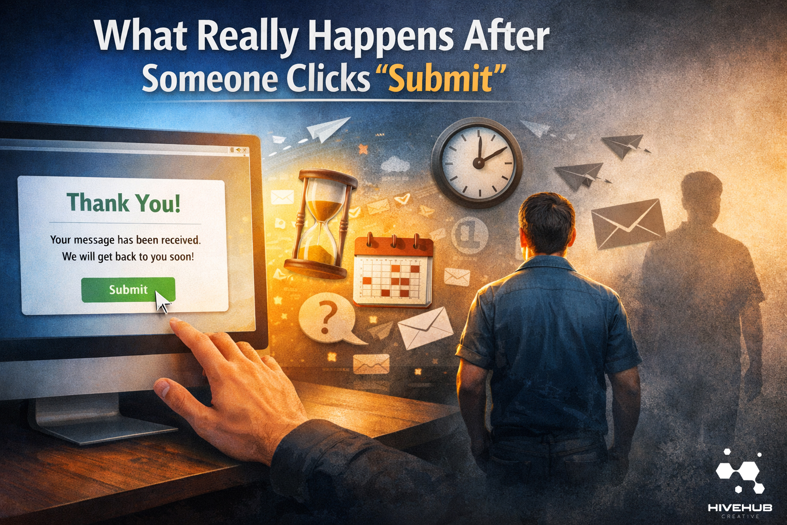 Modern illustration representing post-submission user experience, follow-up timing, and trust after a website contact form is submitted.