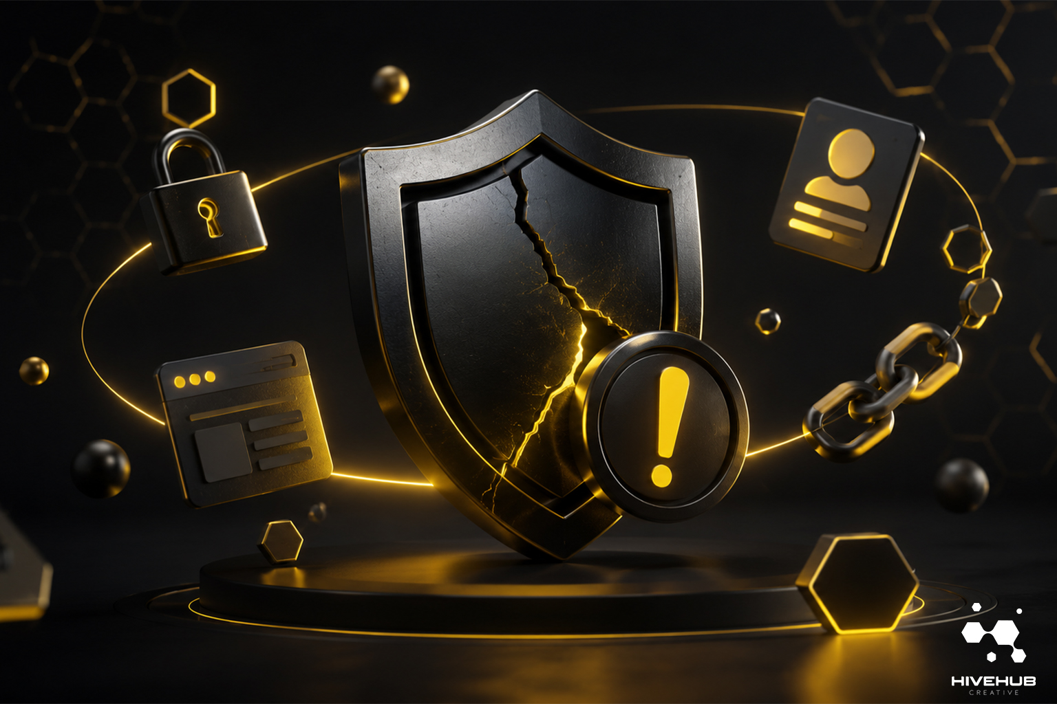 Premium 3D illustration of a cracked black security shield surrounded by floating trust and website security elements with glowing golden accents on a dark background, symbolizing common website trust issues that reduce conversions.