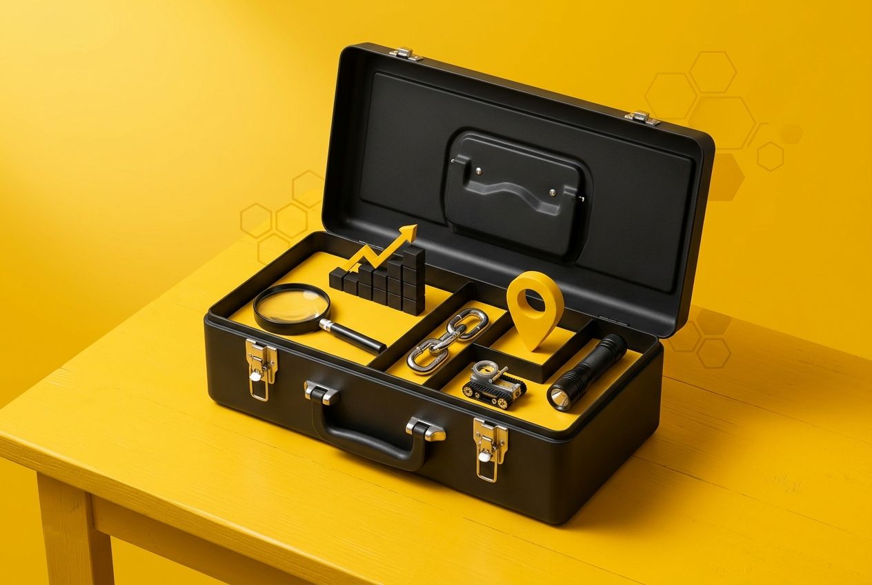 A black toolbox filled with visual symbols for SEO research, rankings, links, local search and technical audits